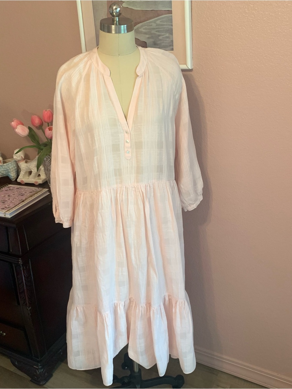 VERONICA BEARD Light Pink Women's Peasant Midi Dress - Soft Linen Tunic